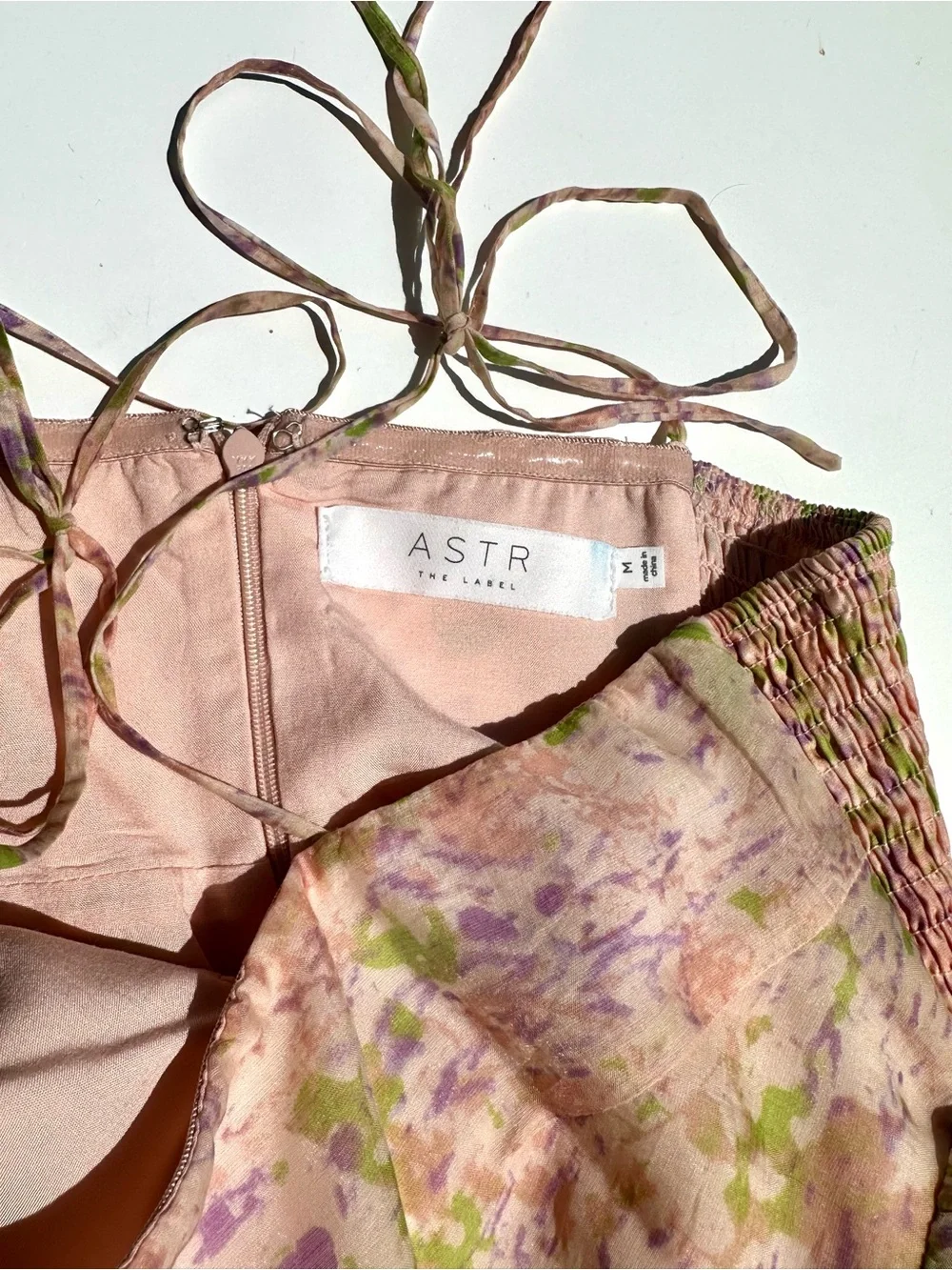 ASTR Babydoll Serenity Pink and Green Floral Strap Tie-Shoulder Sundress Dress M
